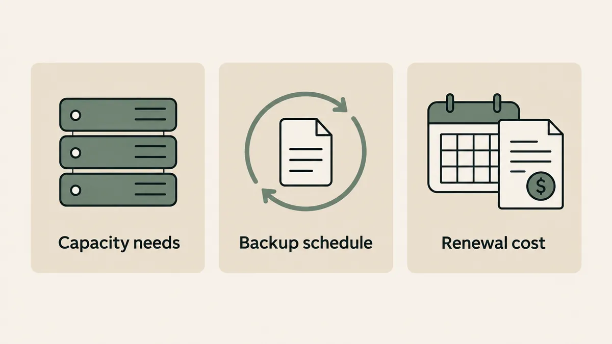 Server, backup file and renewal calendar cards show three factors to compare when choosing a website hosting plan.