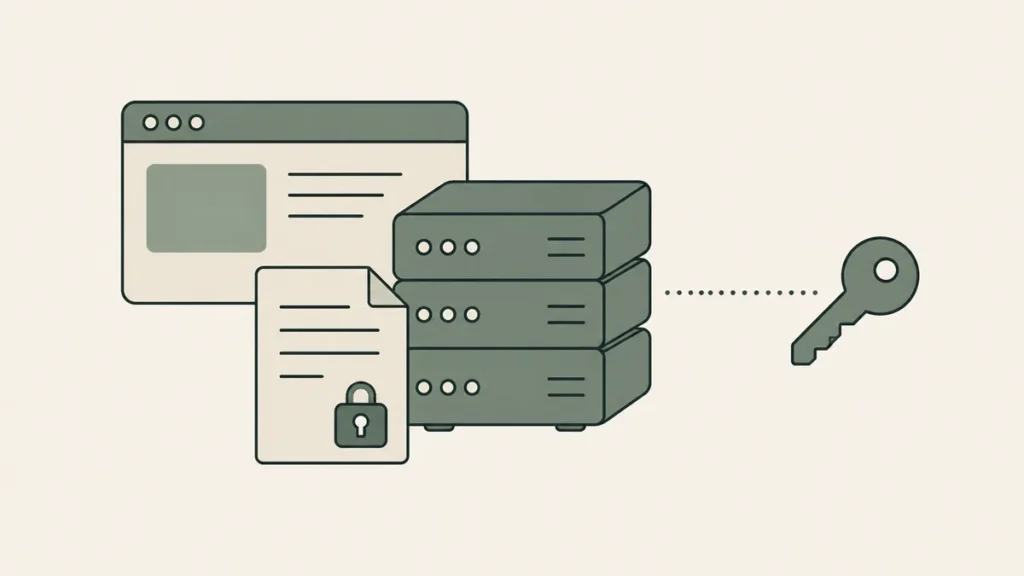 A hosting server and ownership document connect to a separate key, illustrating account ownership and collaborator access.