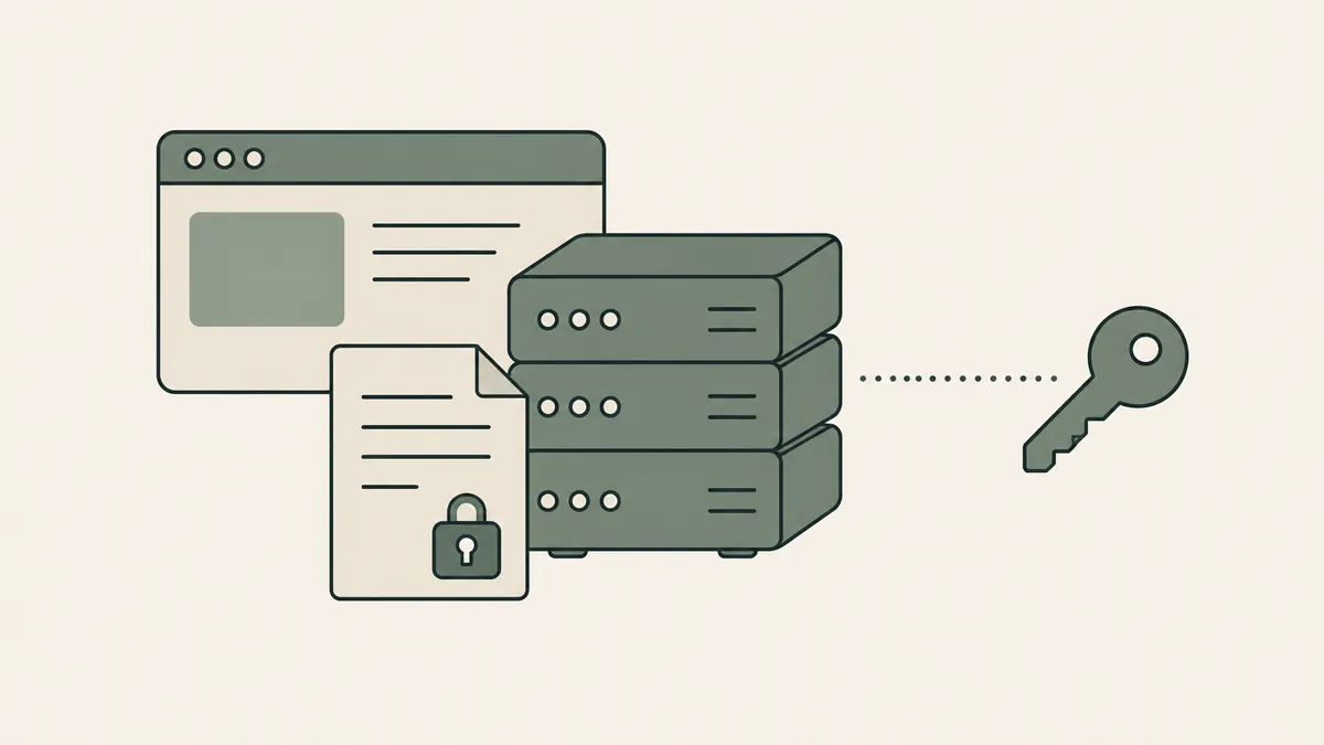 A hosting server and ownership document connect to a separate key, illustrating account ownership and collaborator access.