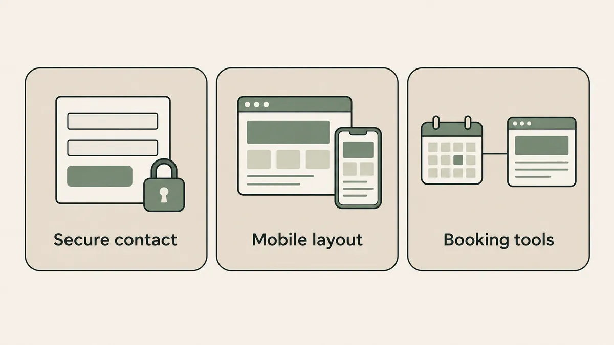 A locked form, responsive layouts and a calendar illustrate features to review in a therapy website builder.