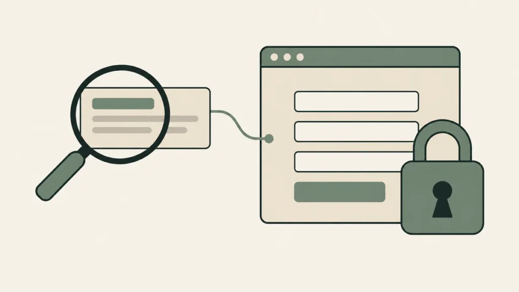 A search result connects to a form and padlock, illustrating privacy-aware SEO and web design for therapy practices.