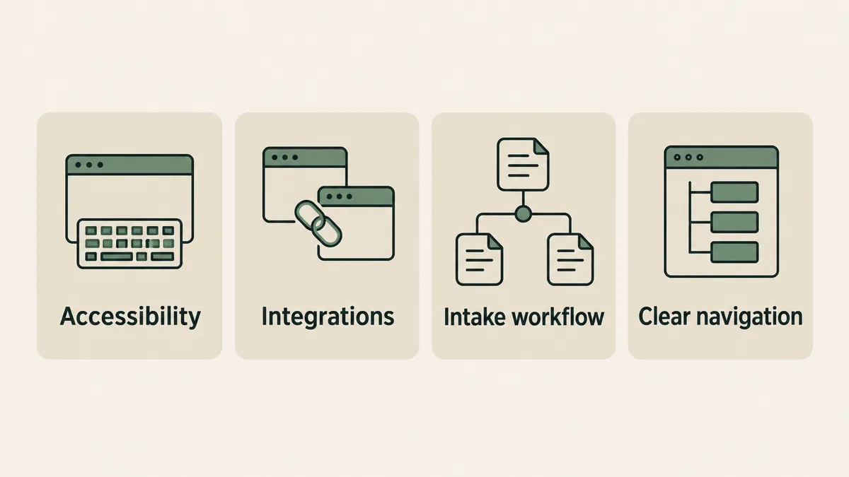 Four cards show accessibility, integrations, intake workflow and navigation when evaluating a therapy web partner.