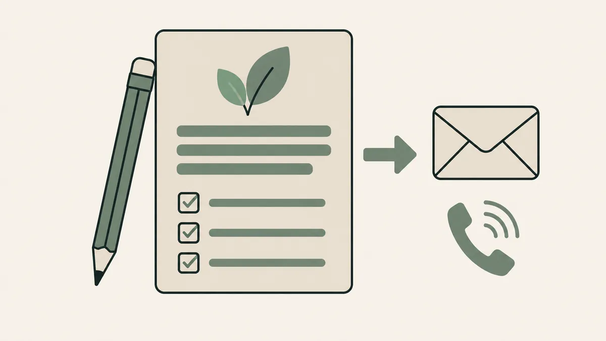 A pencil and profile checklist lead to email and phone icons, showing a therapist directory profile that invites contact.