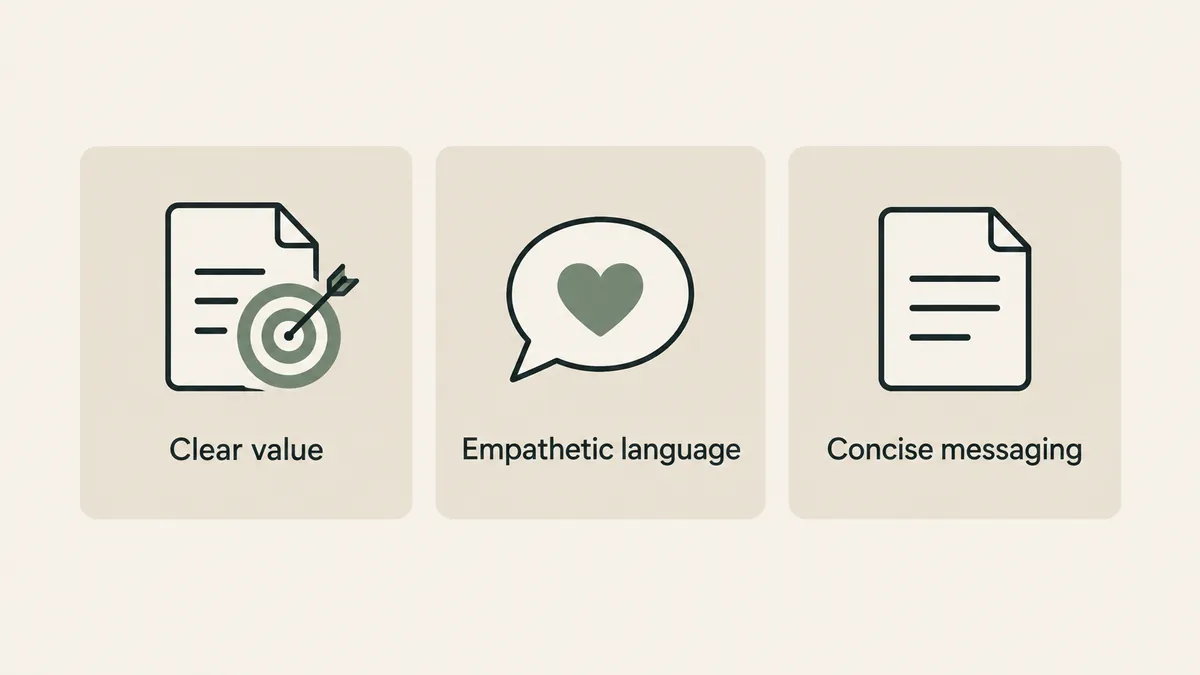 Three cards show clear value, empathetic language and concise messaging for effective therapy website copy.