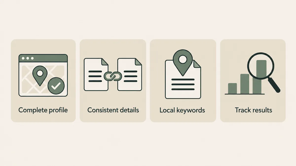 Four panels show profile completeness, consistent details, local keywords and tracking for private practice SEO.
