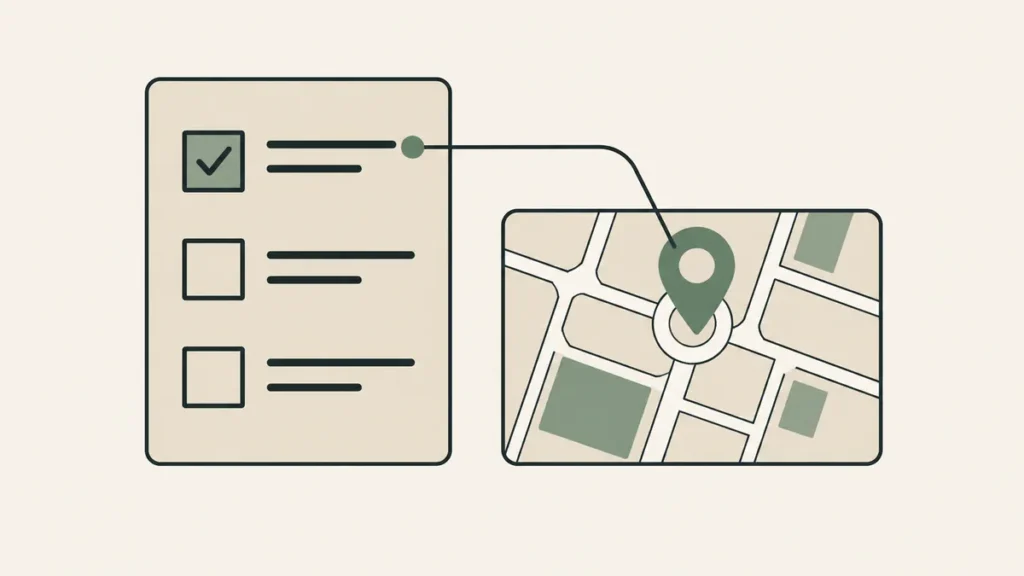 A checklist connects to a neighborhood map pin, illustrating local SEO tasks for a private therapy practice.