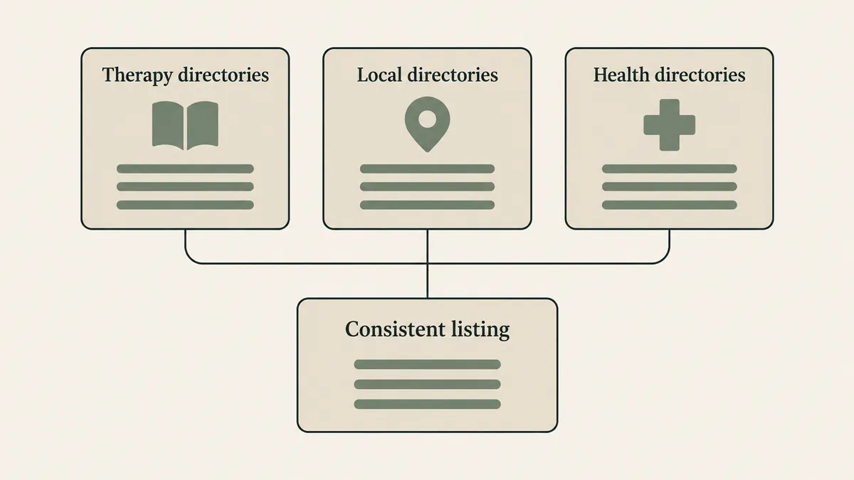 Therapy, local and health directories connect to consistent practice details, illustrating local SEO citations.