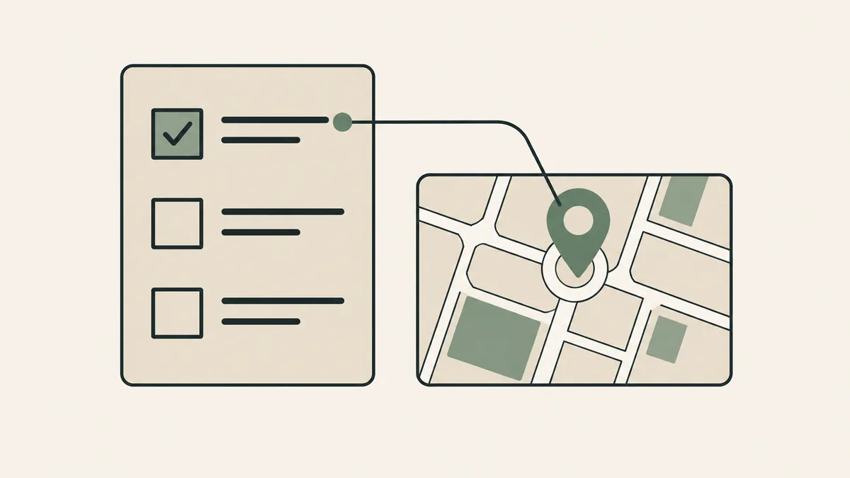 A checklist connects to a neighborhood map pin, illustrating local SEO tasks for a private therapy practice.