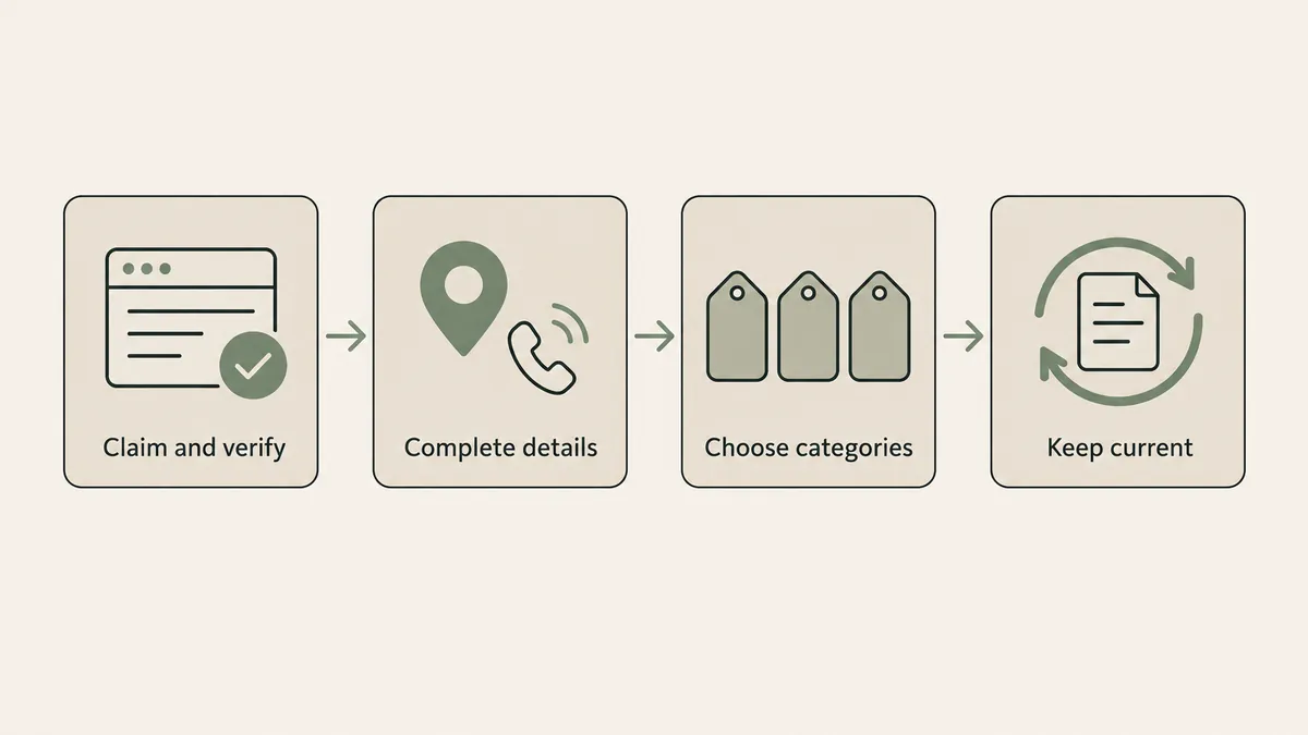 Four connected cards show verification, contact details, categories and updates for setting up a practice business listing.