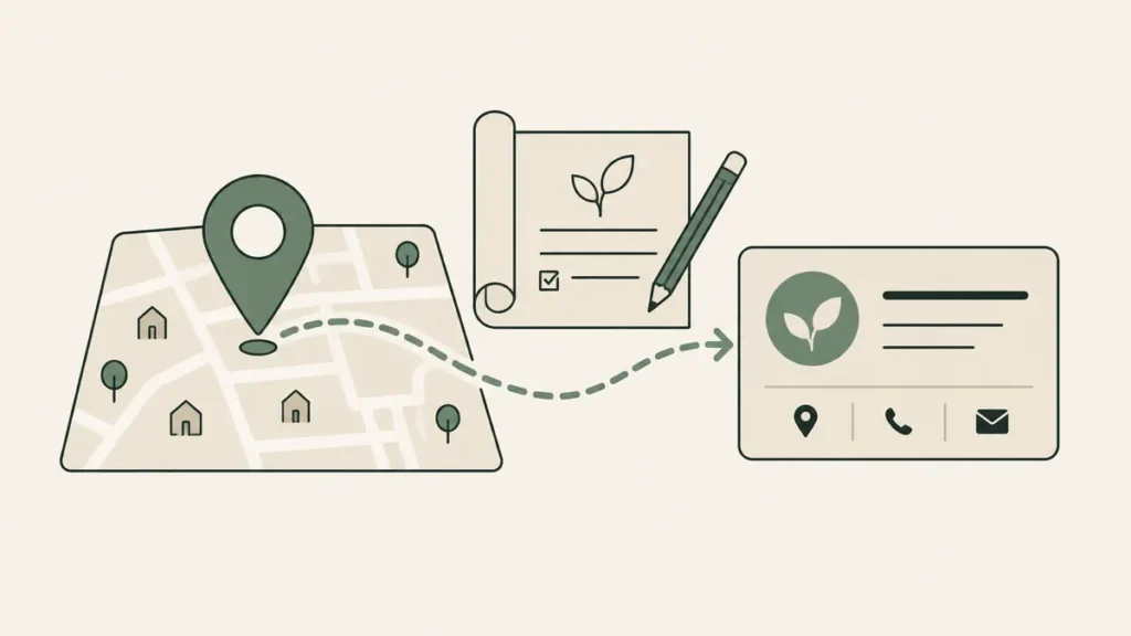 A neighborhood pin leads to a practice listing beside a planning sheet, illustrating a local SEO blueprint for therapists.