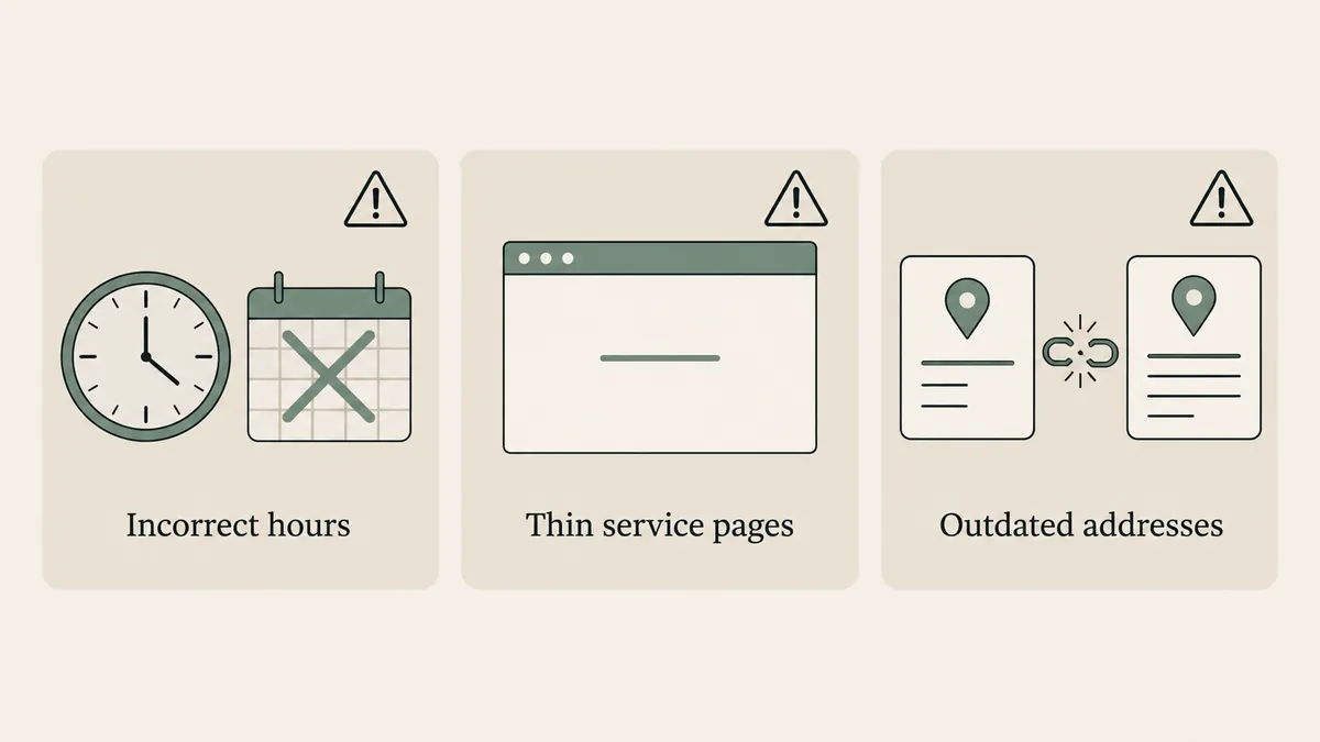 Clock, sparse service page and mismatched address cards highlight common local SEO problems for therapy practices.