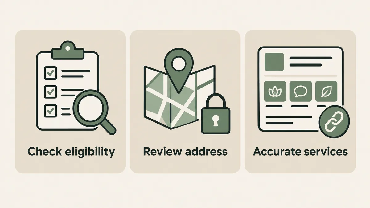 A checklist, locked map and service listing show eligibility, address and service reviews for therapist business profiles.