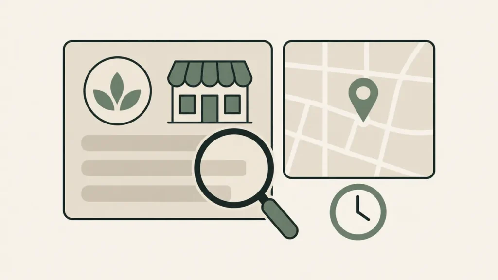A magnified business listing, map pin and clock illustrate reviewing a therapist business profile and its local details.