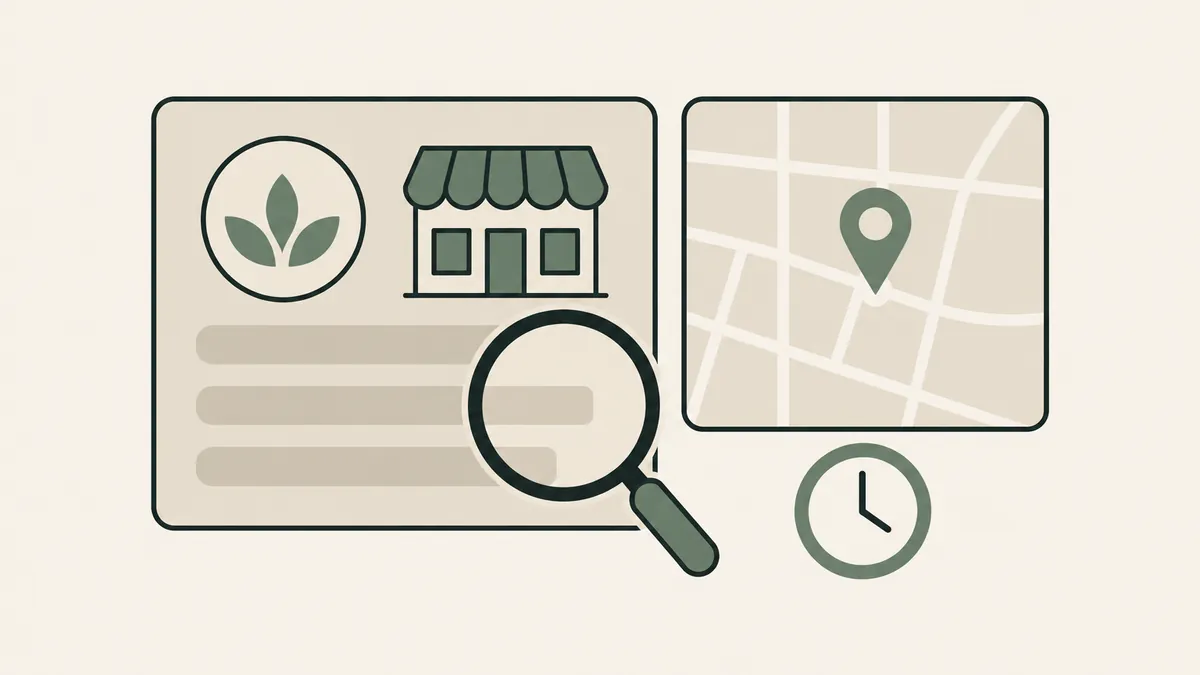 A magnified business listing, map pin and clock illustrate reviewing a therapist business profile and its local details.