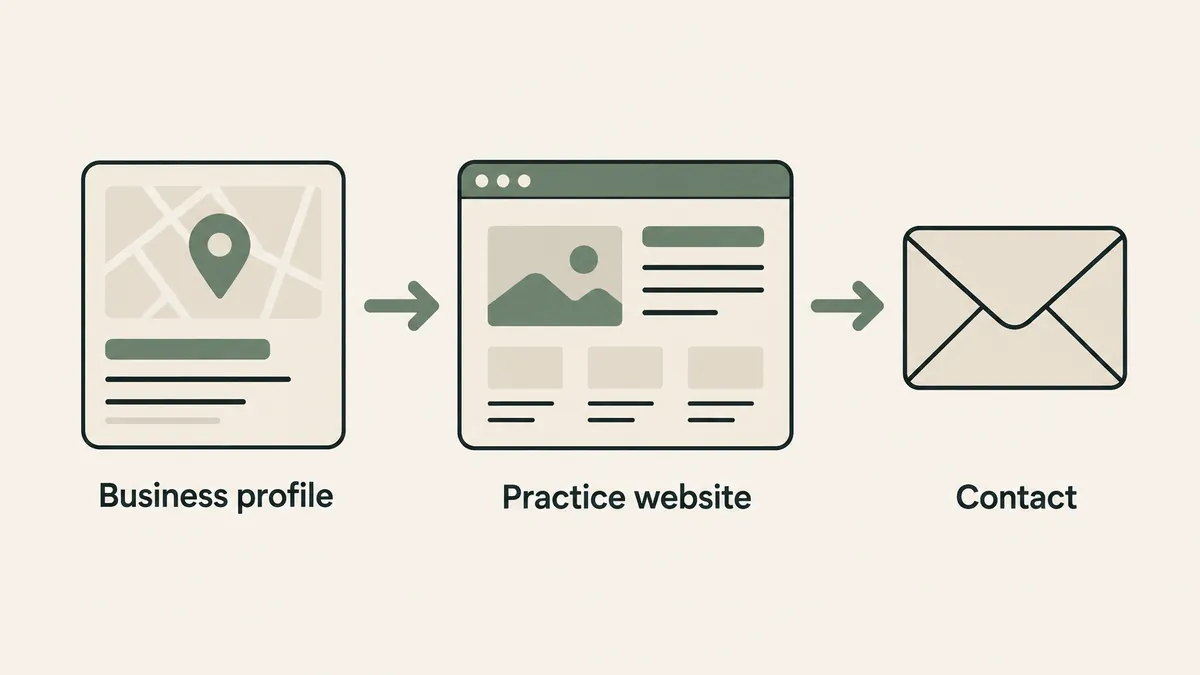 A business profile links to a practice website and contact envelope, showing a local search path for therapy clients.