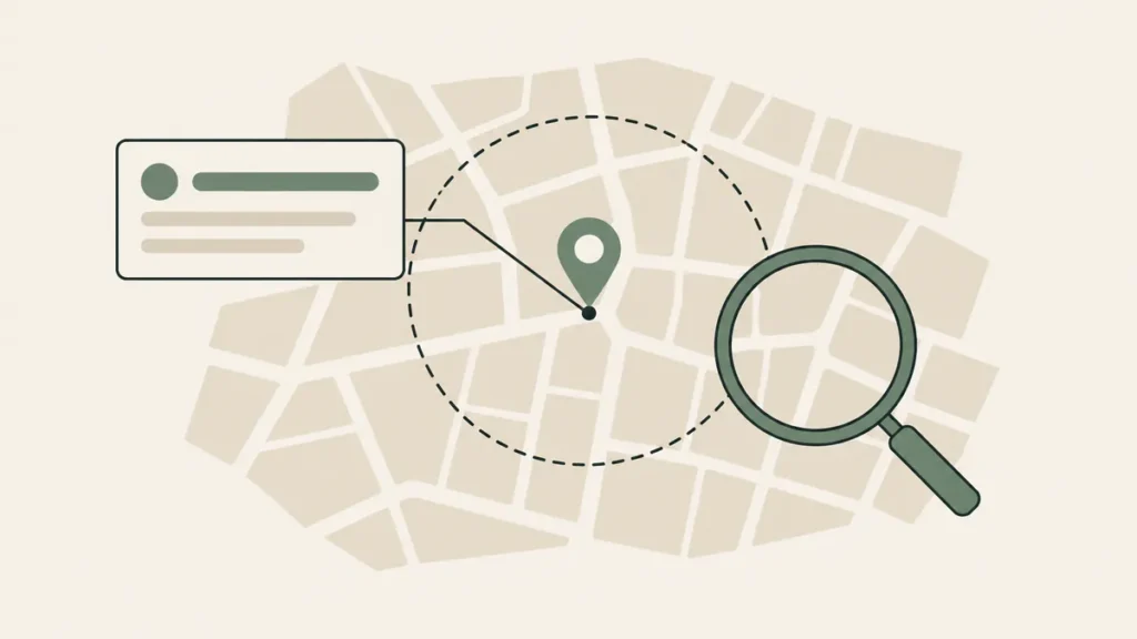 A map pin, service-area circle and listing card illustrate local SEO focused on a therapy practice geographic niche.