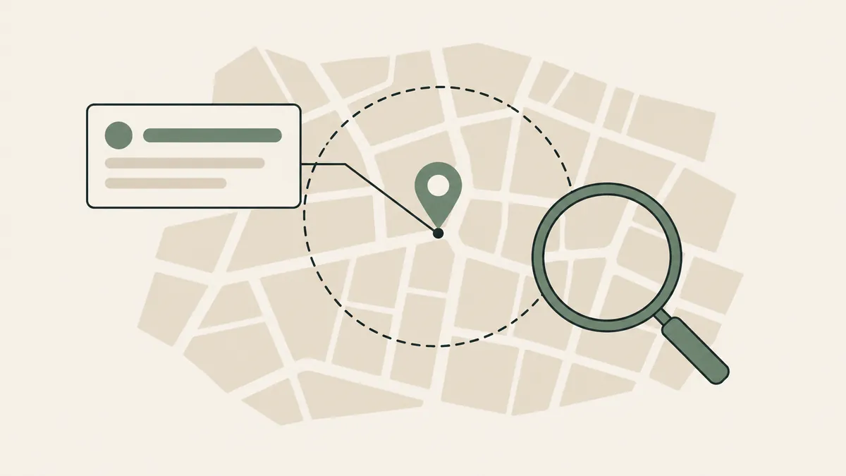 A map pin, service-area circle and listing card illustrate local SEO focused on a therapy practice geographic niche.