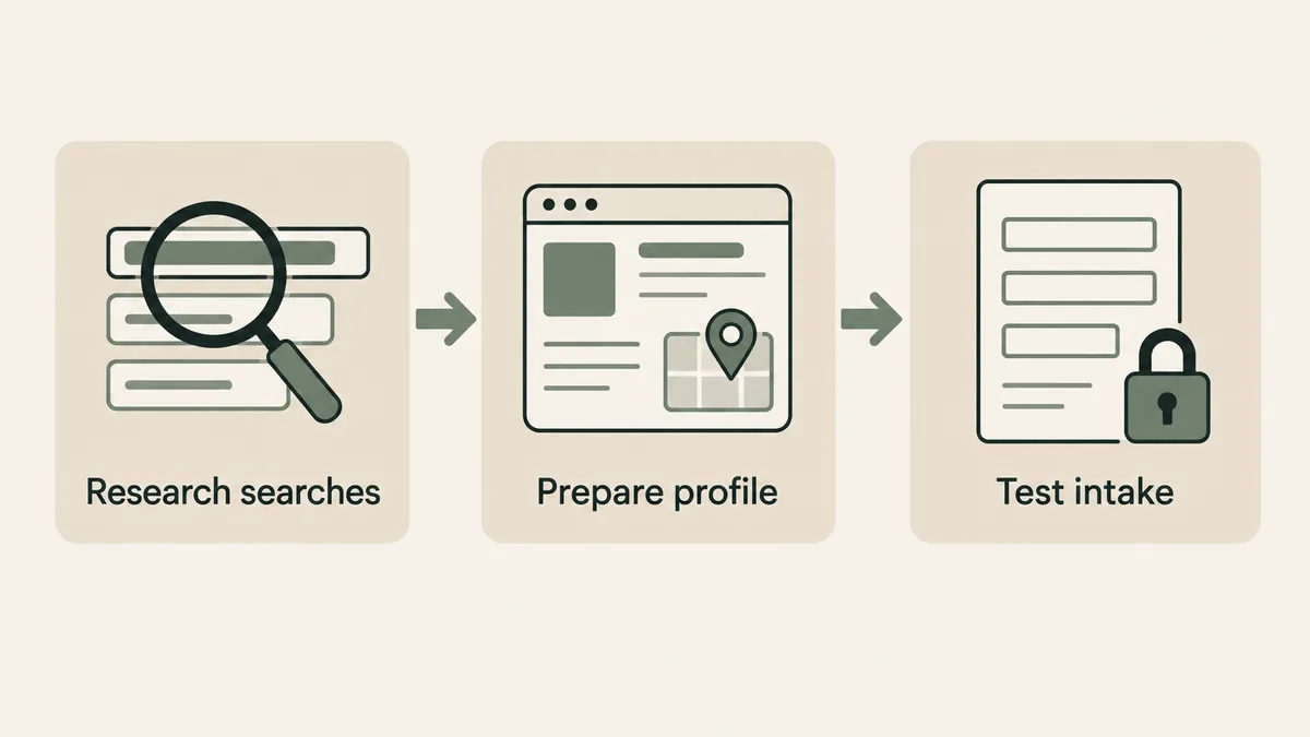 Search research, a business profile and a locked intake form show preparation steps before therapist local SEO.