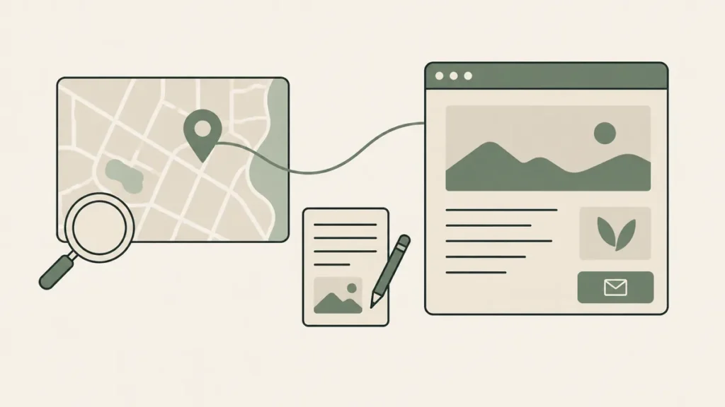 A local map connects to a clear webpage and content document, linking therapist local SEO with web design.
