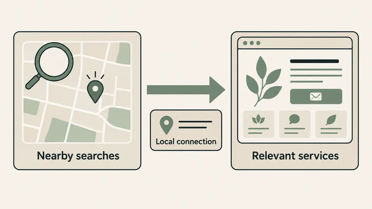 A neighborhood search map leads to a service webpage, showing how local SEO connects nearby people with therapy practices.