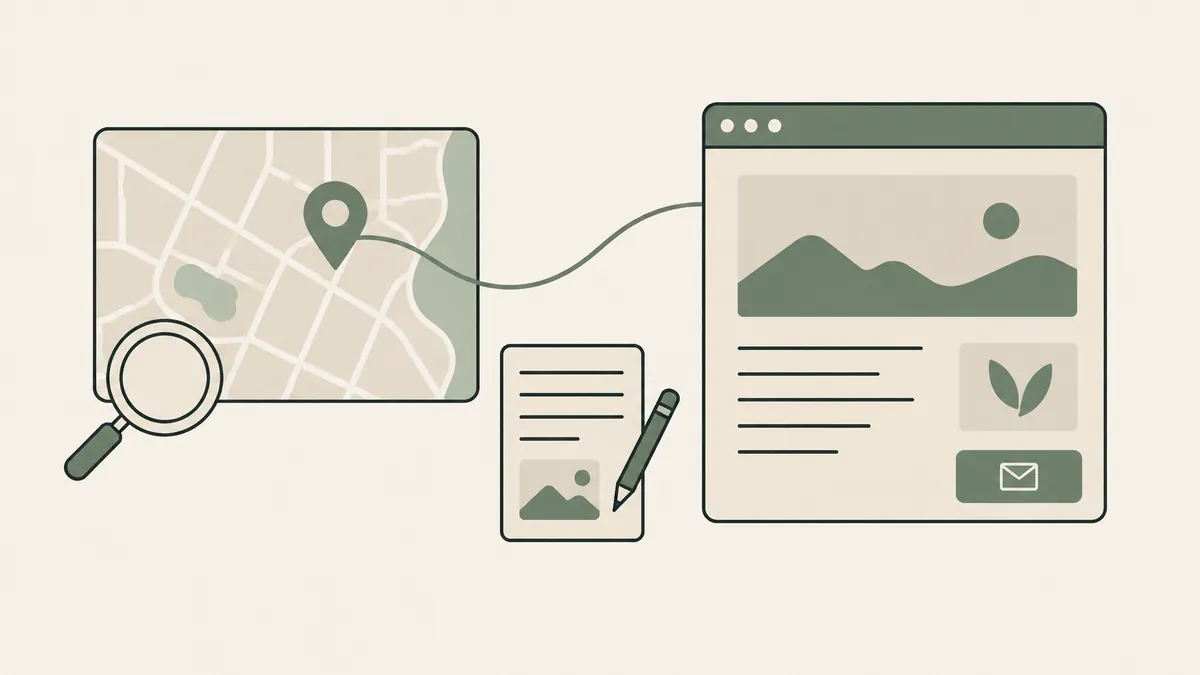 A local map connects to a clear webpage and content document, linking therapist local SEO with web design.