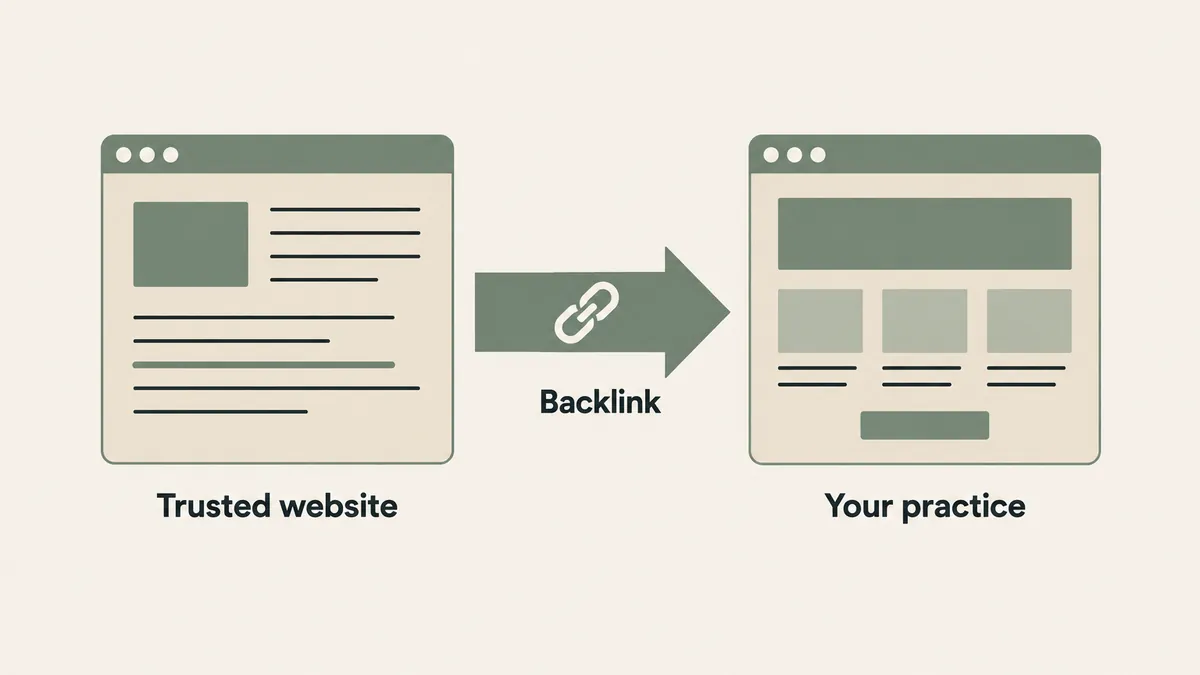 An arrow links a trusted website to a therapy practice page, explaining how a backlink works