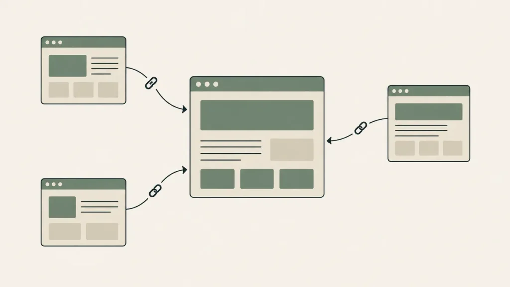 Three smaller websites link to a central practice website, illustrating backlinks for therapist SEO