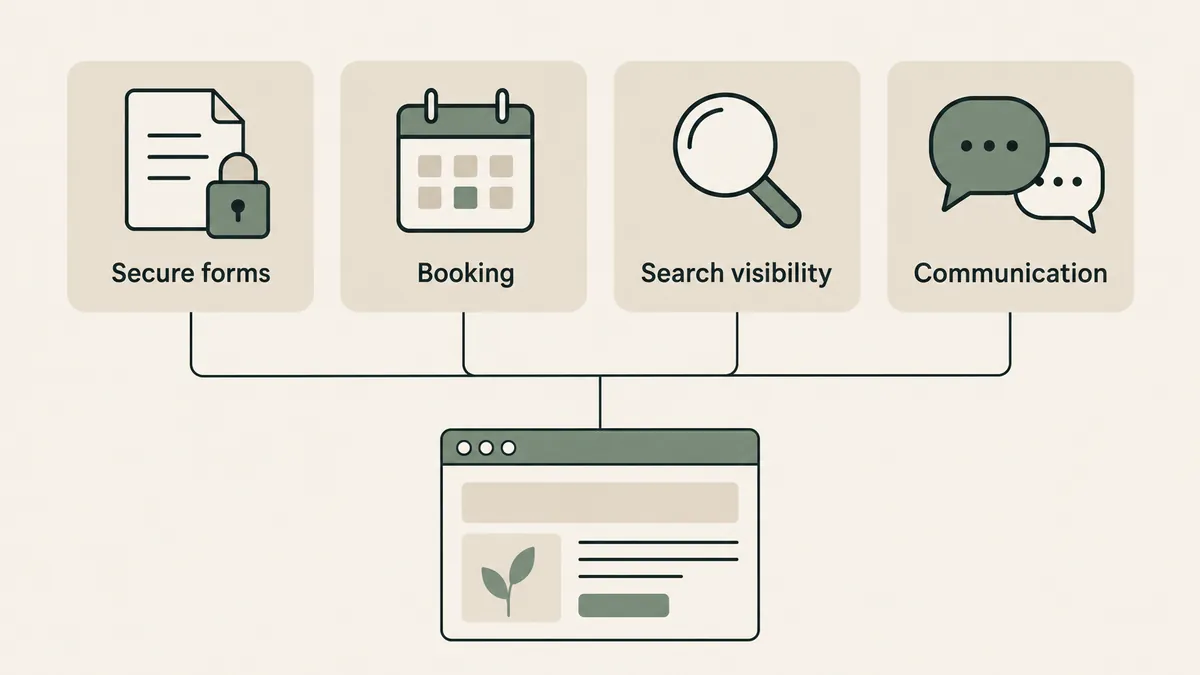 Forms, booking, search and communication modules connect to a website, showing therapist plugin functions.