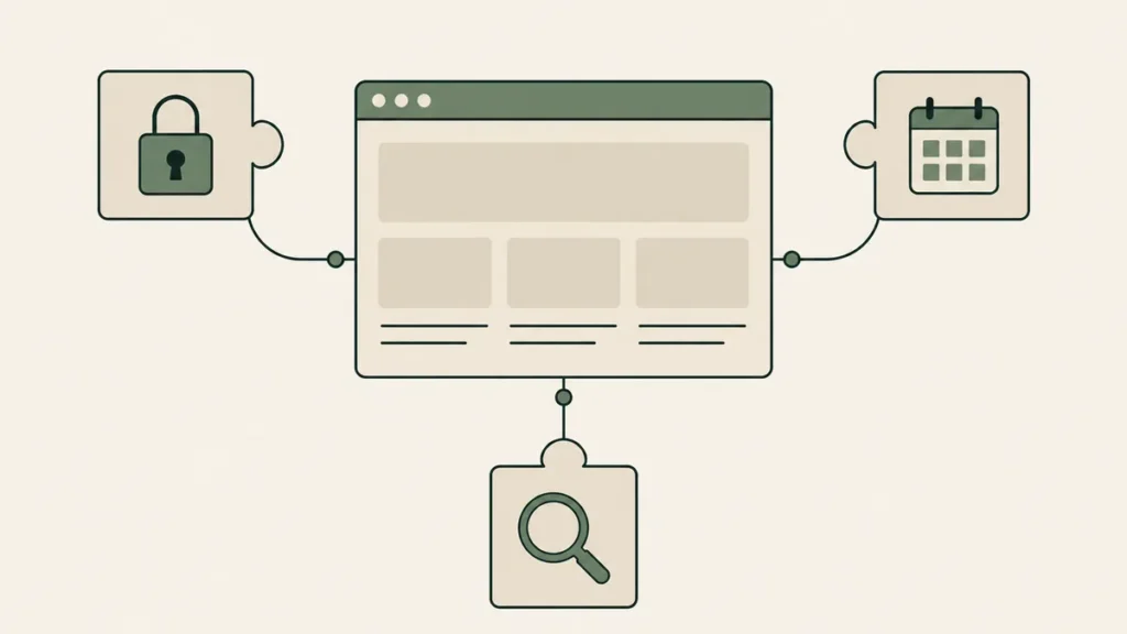 A website connects to lock, calendar and search modules, illustrating essential plugins for therapist websites.