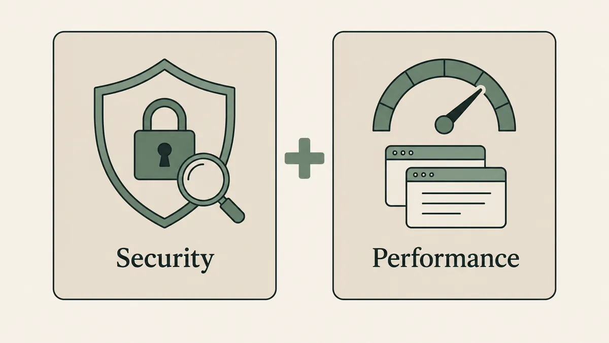 Security and performance panels pair a lock and scanner with a speed gauge for therapist website plugins.