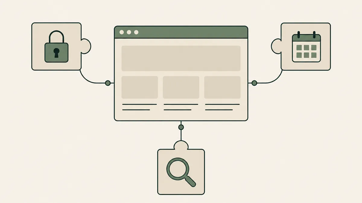 A website connects to lock, calendar and search modules, illustrating essential plugins for therapist websites.