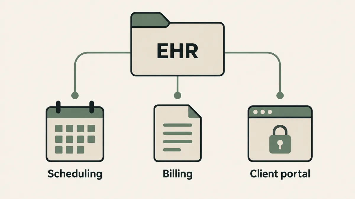 An EHR folder connects to scheduling, billing and a locked client portal for integrated private practice workflows.