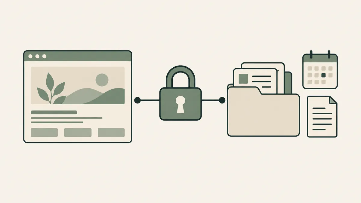 A website connects through a padlock to records and scheduling tools, illustrating private practice EMR integration.