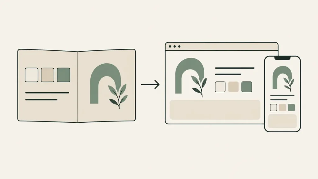 A brand guide, desktop page and mobile screen repeat the same visual identity for a therapy practice.