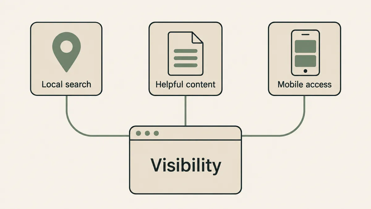 Local search, helpful content and mobile access connect to a browser, illustrating therapist online visibility.