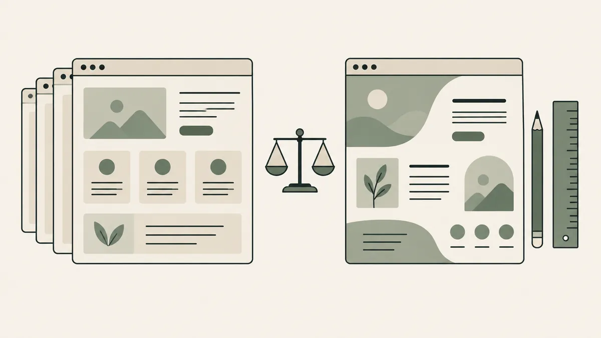 Repeated template pages and a tailored layout flank a balance scale, comparing therapist website design options.