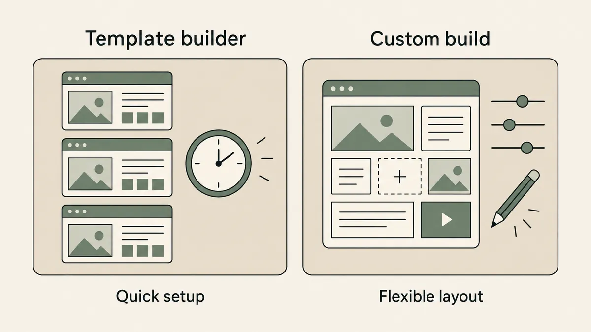 Template pages and a clock contrast with a modular page and controls, comparing website setup and design flexibility.