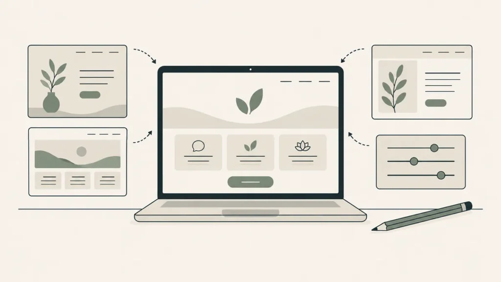 A laptop with therapy website blocks sits among layout options and controls, illustrating private practice website design.