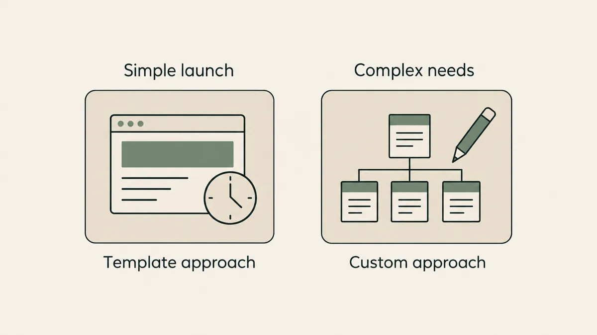 A simple page and clock face a sitemap and pencil, comparing template and custom approaches for different practice needs.