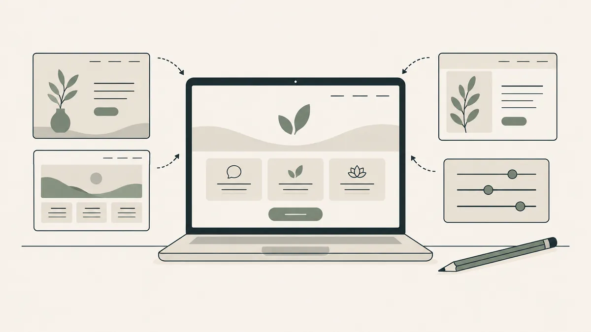 A laptop with therapy website blocks sits among layout options and controls, illustrating private practice website design.