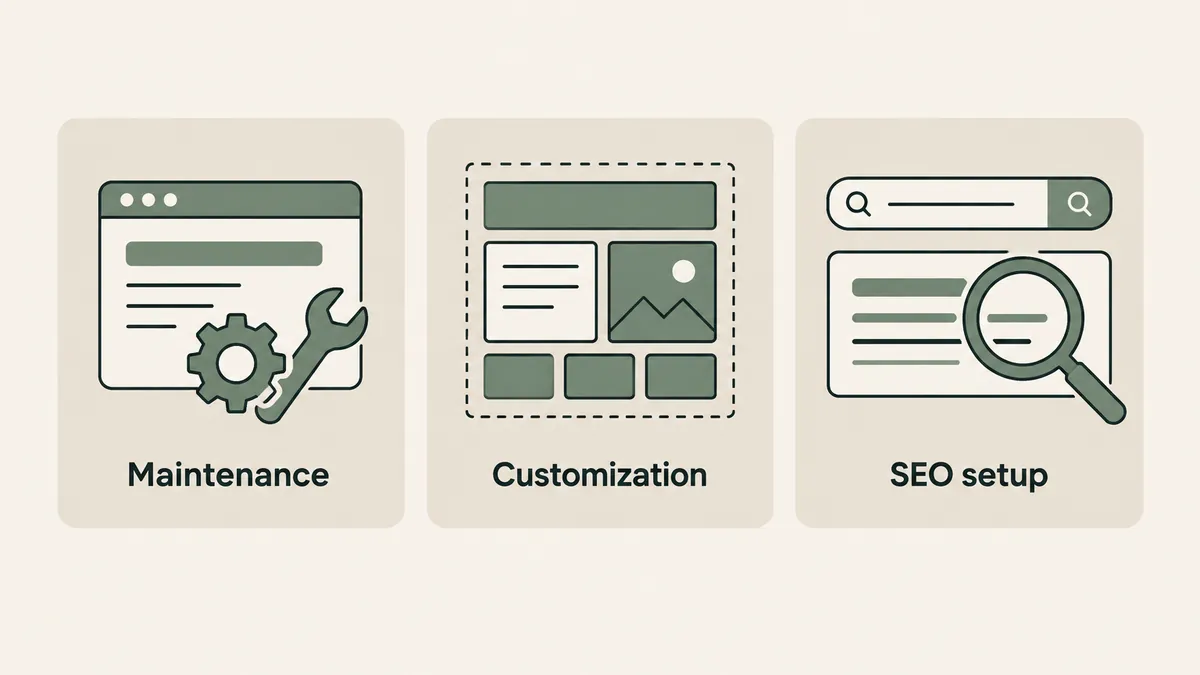 Website tools, layout blocks and a search card show maintenance, customization and SEO tasks for DIY therapy sites.