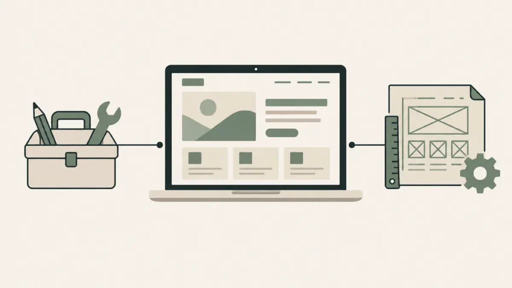 A toolbox and design blueprint connect to a laptop, comparing DIY and professional therapist website design.