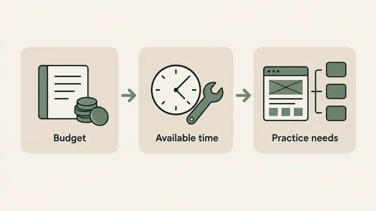 Budget, available time and practice needs form a decision path for choosing a therapist website design approach.