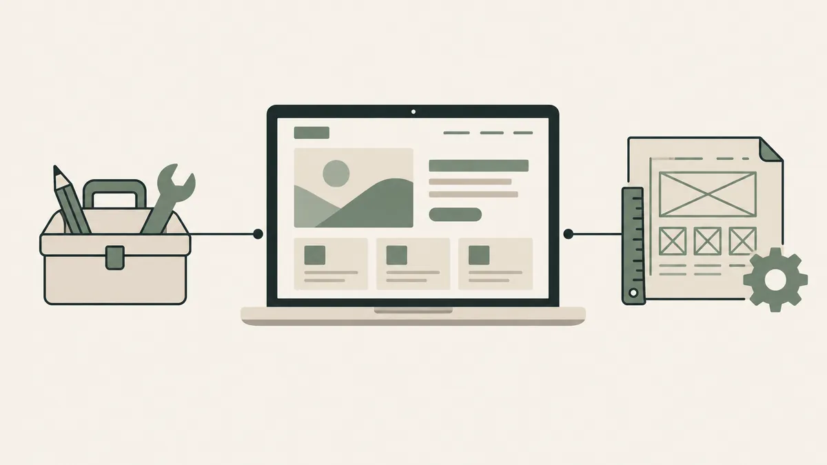 A toolbox and design blueprint connect to a laptop, comparing DIY and professional therapist website design.