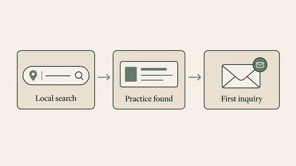 Local search leads to finding a practice and making an inquiry, explaining search visibility for counselors.