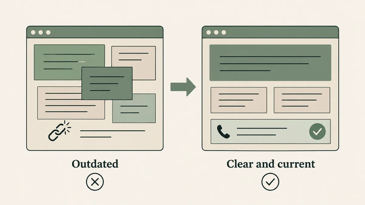 Two webpage panels contrast broken, cluttered content with clear current information for counselor websites.