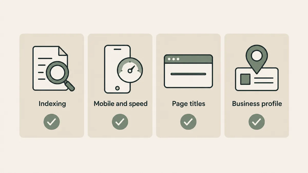 Four checked panels cover indexing, mobile speed, page titles and a business profile for private practice SEO.