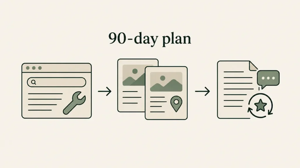 Technical fixes, local pages and ongoing content form a three-stage diagram of a private practice SEO plan.