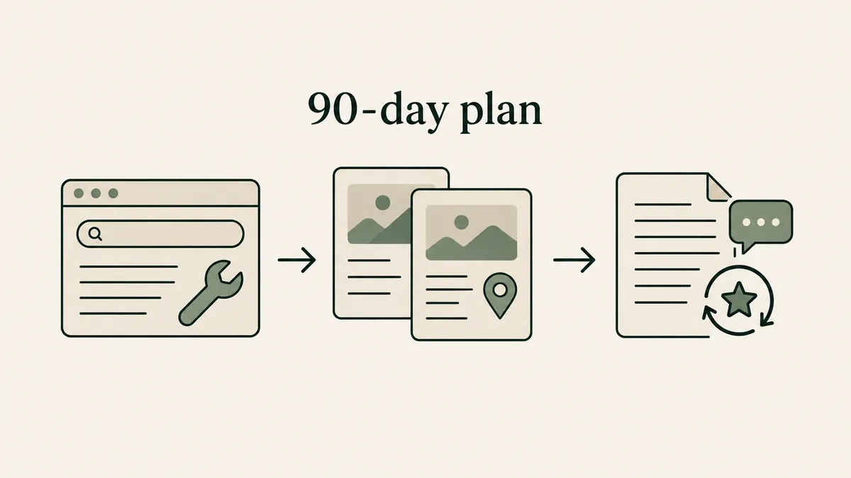 Technical fixes, local pages and ongoing content form a three-stage diagram of a private practice SEO plan.