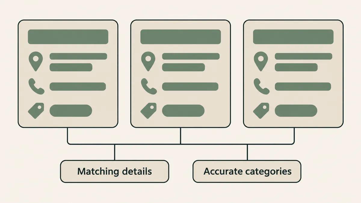 Matching listing cards show consistent contact details and accurate categories for a therapist local search presence.